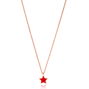 Unique Red Enamel Star Design Necklace Turkish Wholesale 925 Sterling Silver Jewelry