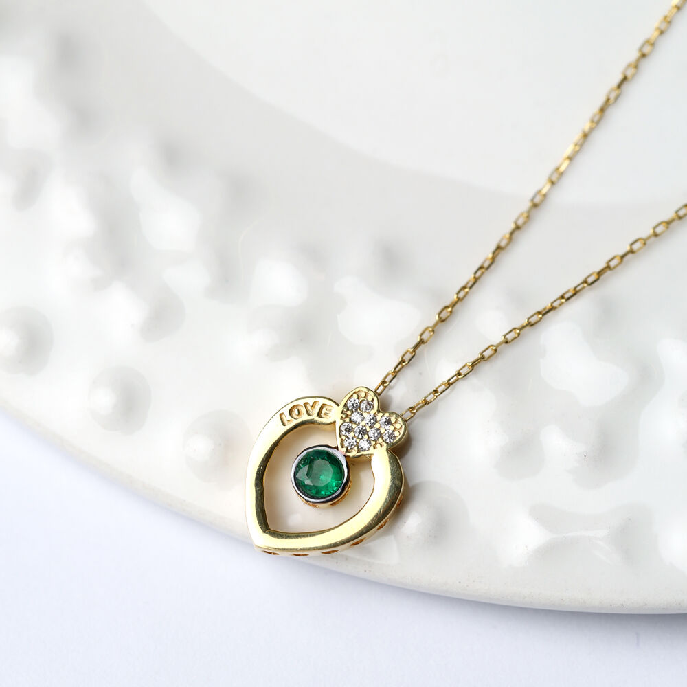 Love Letter Hearth Shape Emerald Stone Design Charm Necklace Wholesale Turkish 925 Sterling Silver Jewelry