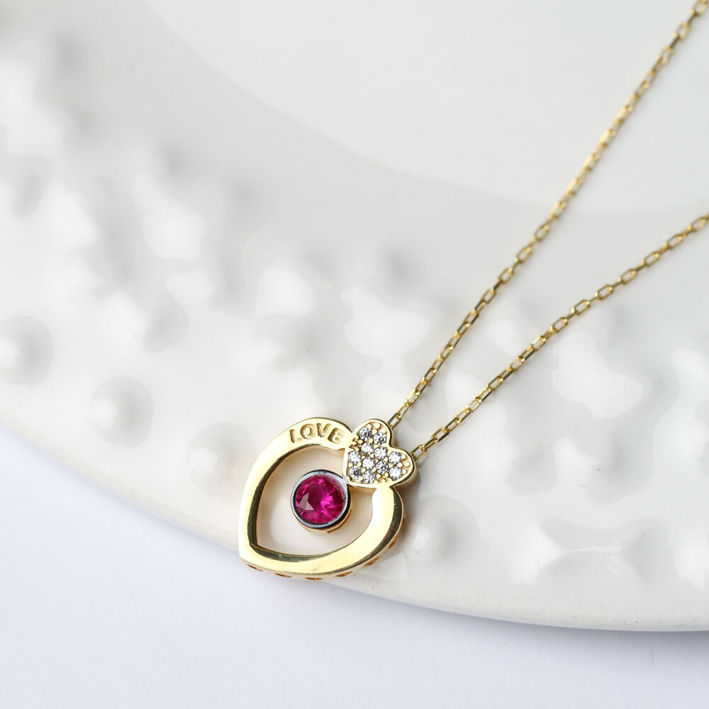 Love Letter Hearth Shape Ruby Stone Design Charm Necklace Wholesale Turkish 925 Sterling Silver Jewelry