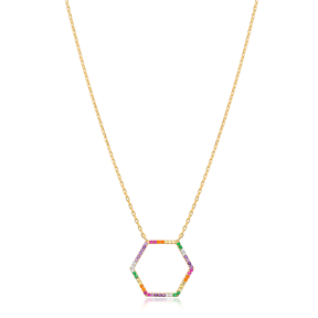 Mix Stone Hexagon Design Pendant Turkish Wholesale 925 Sterling Silver Jewelry