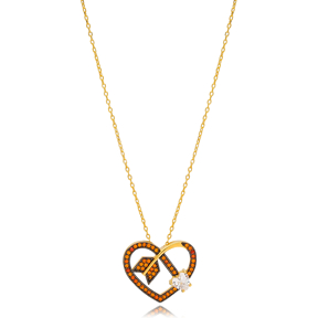 Arrowed Heart Shape Charm Orange Quartz Necklace Wholesale Turkish 925 Sterling Silver Jewelry