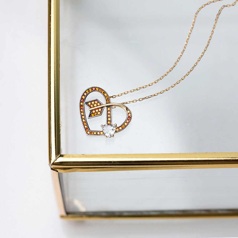 Arrowed Heart Shape Charm Orange Quartz Necklace Wholesale Turkish 925 Sterling Silver Jewelry
