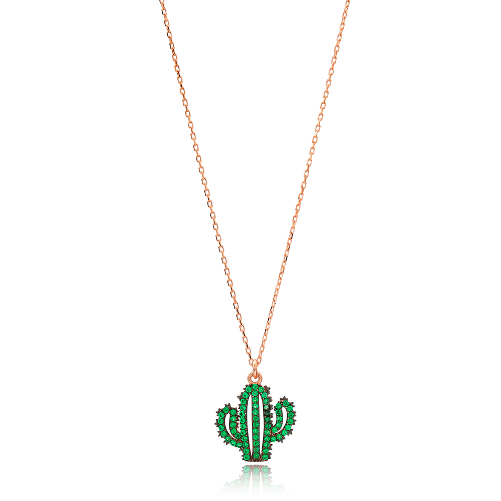 Emerald Stone Cactus Charm Necklace Wholesale Handmade 925 Silver Sterling Jewelry