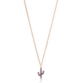 Amethyst Stone Minimal Cactus Necklace Turkish Wholesale Handmade 925 Silver Sterling Jewelry