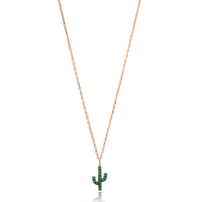 Emerald Stone Minimal Cactus Necklace Turkish Wholesale Handmade 925 Silver Sterling Jewelry