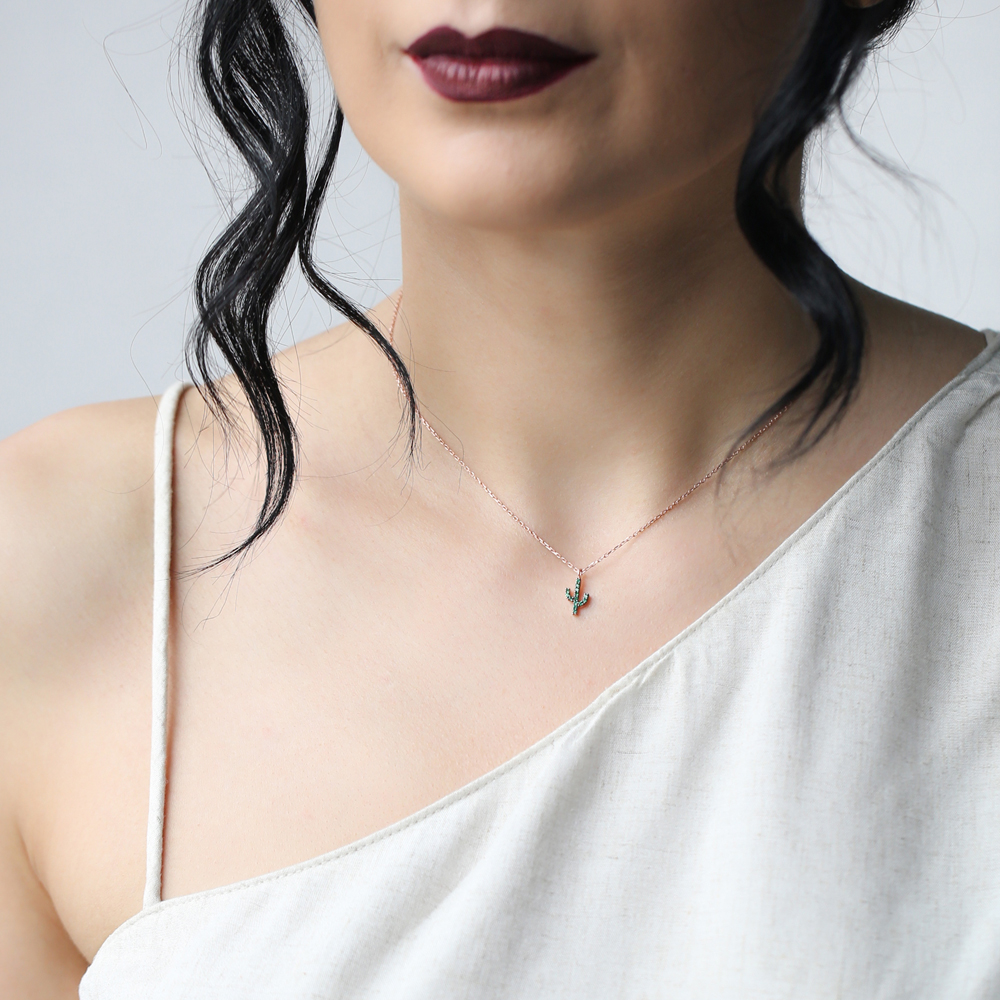 Emerald Stone Minimal Cactus Necklace Turkish Wholesale Handmade 925 Silver Sterling Jewelry