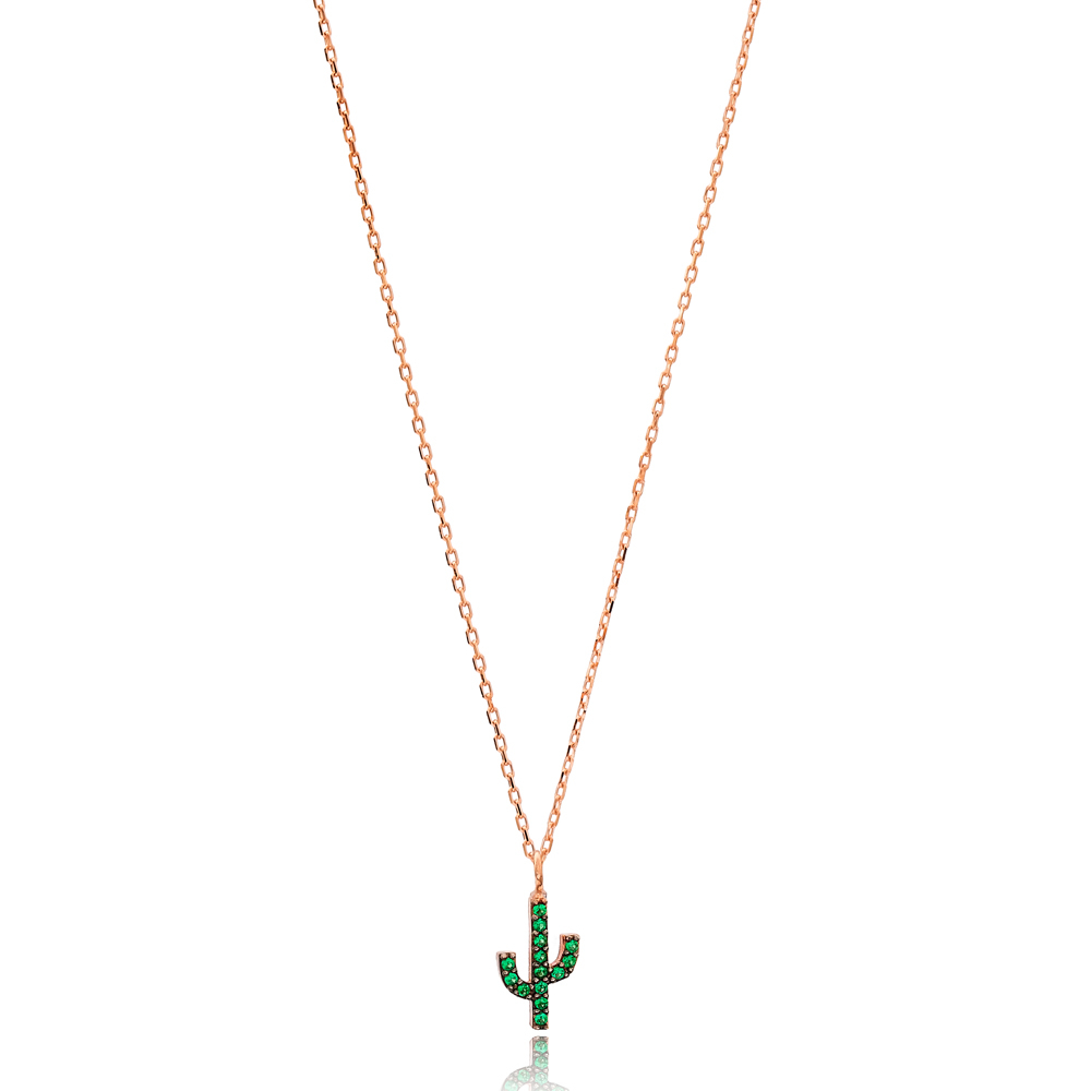 Emerald Stone Minimal Cactus Necklace Turkish Wholesale Handmade 925 Silver Sterling Jewelry