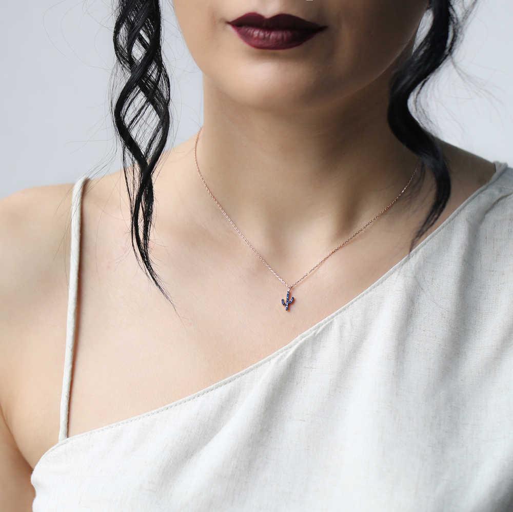 Sapphire Stone Minimal Cactus Necklace Turkish Wholesale Handmade 925 Silver Sterling Jewelry
