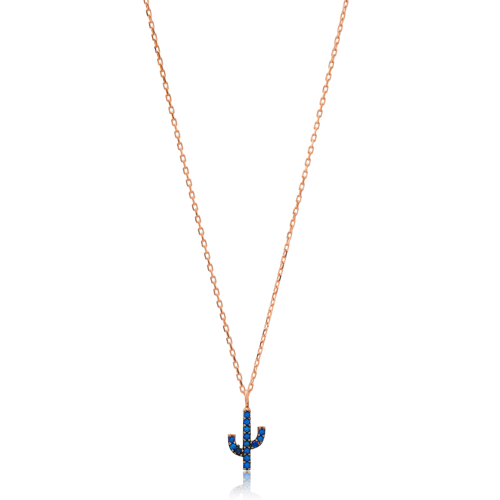 Sapphire Stone Minimal Cactus Necklace Turkish Wholesale Handmade 925 Silver Sterling Jewelry