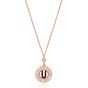 Alphabet U Letter Baguette Stone Design Necklace Turkish Wholesale Handmade 925 Sterling Silver Jewelry