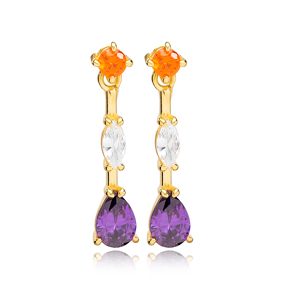 Purple And Orange Stone Stud Earring Turkish Wholesale Handmade 925 Sterling Silver Jewelry