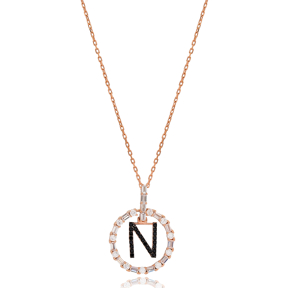 Alphabet N Letter Swinging Design Necklace Turkish Wholesale Handmade 925 Sterling Silver Jewelry
