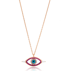 Evil Eye Charm Ruby Stone Design Necklace Turkish Wholesale Handmade 925 Silver Sterling Jewelry
