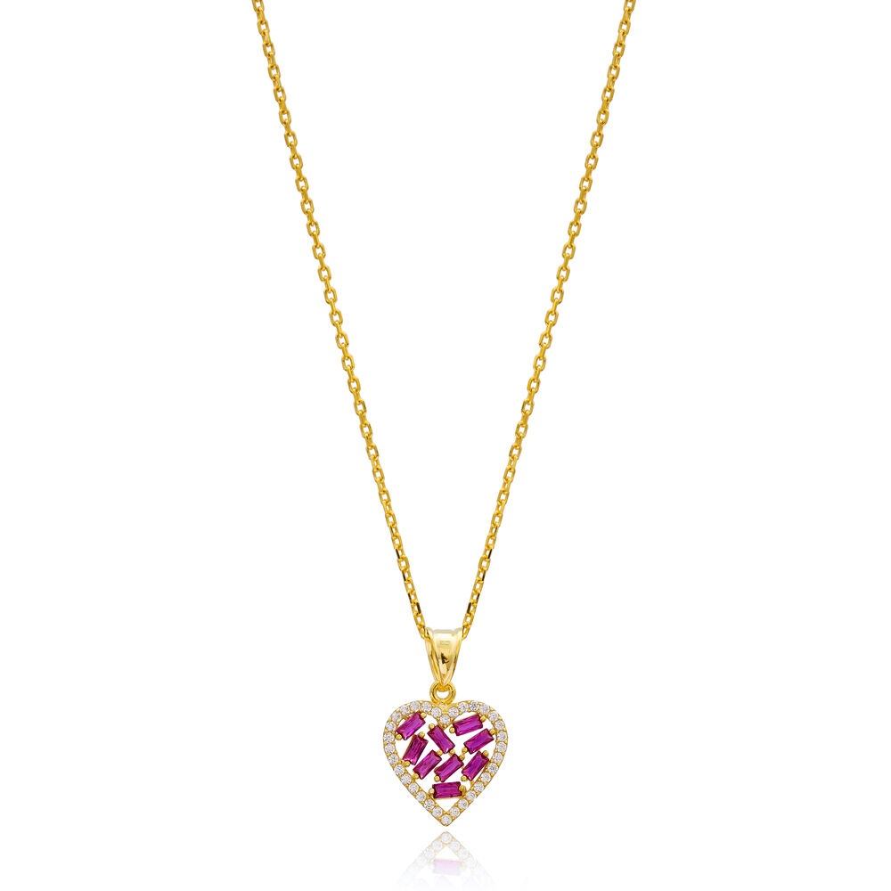Ruby Baguette Heart Design Zircon Stone 925 Sterling Silver Wholesale Necklace