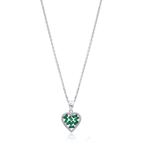 Heart Design Emerald Baguette Zircon Handmade 925 Sterling Silver Wholesale Necklace