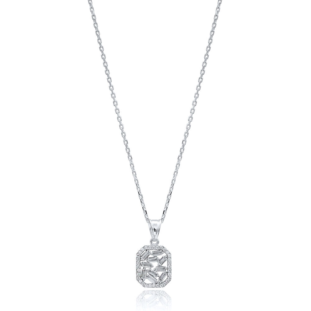 Zircon Stone Trendy Baguette Pendant Handmade 925 Sterling Silver Wholesale Necklace