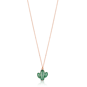 Green Cactus Necklace Handmade 925 Sterling Silver Jewelry