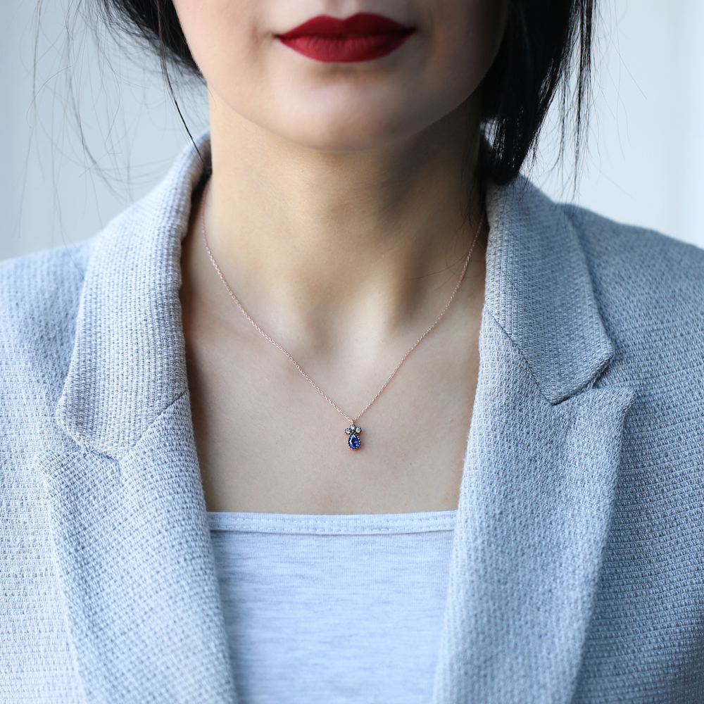 Tiny Sapphire Stone Teardrop Pendant Turkish 925 Sterling Silver Jewelry
