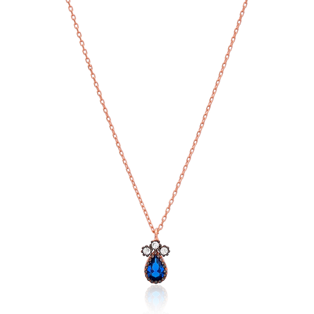 Tiny Sapphire Teardrop Pendant Turkish 925 Sterling Silver Jewelry