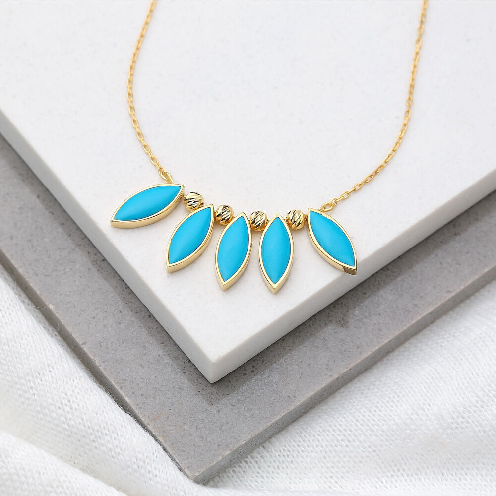 Almond Shape Enamel  Turquoise Color Necklace Turkish Handmade 925 Sterling Silver Jewelry