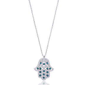 Turquoise Stone Hamsa Design Charm Pendant Necklace Turkish Wholesale 925 Sterling Silver Jewelry