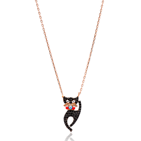 Black Zircon Stone Kitten Cute Cat Design Charm Necklace Pendant 925 Sterling Silver Jewelry