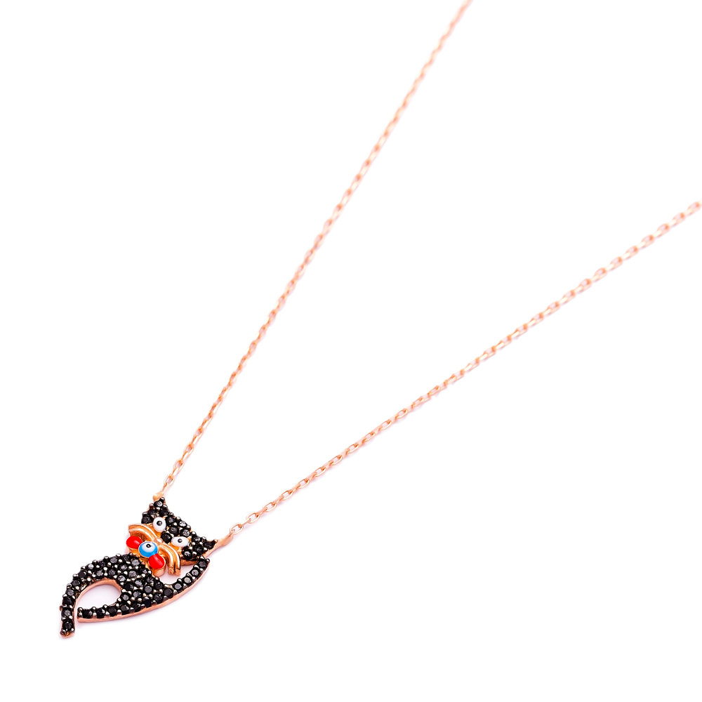 Black Zircon Stone Kitten Cute Cat Design Charm Necklace Pendant 925 Sterling Silver Jewelry