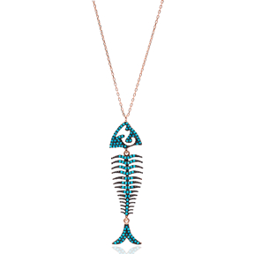 Nano Turquoise Turkish Wholesale Handcrafted 925 Sterling Silver Fish Bone Design Pendant