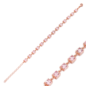 Square Design Charm Pink Zircon Tennis Bracelet Wholesale Turkish 925 Sterling Silver Jewelry