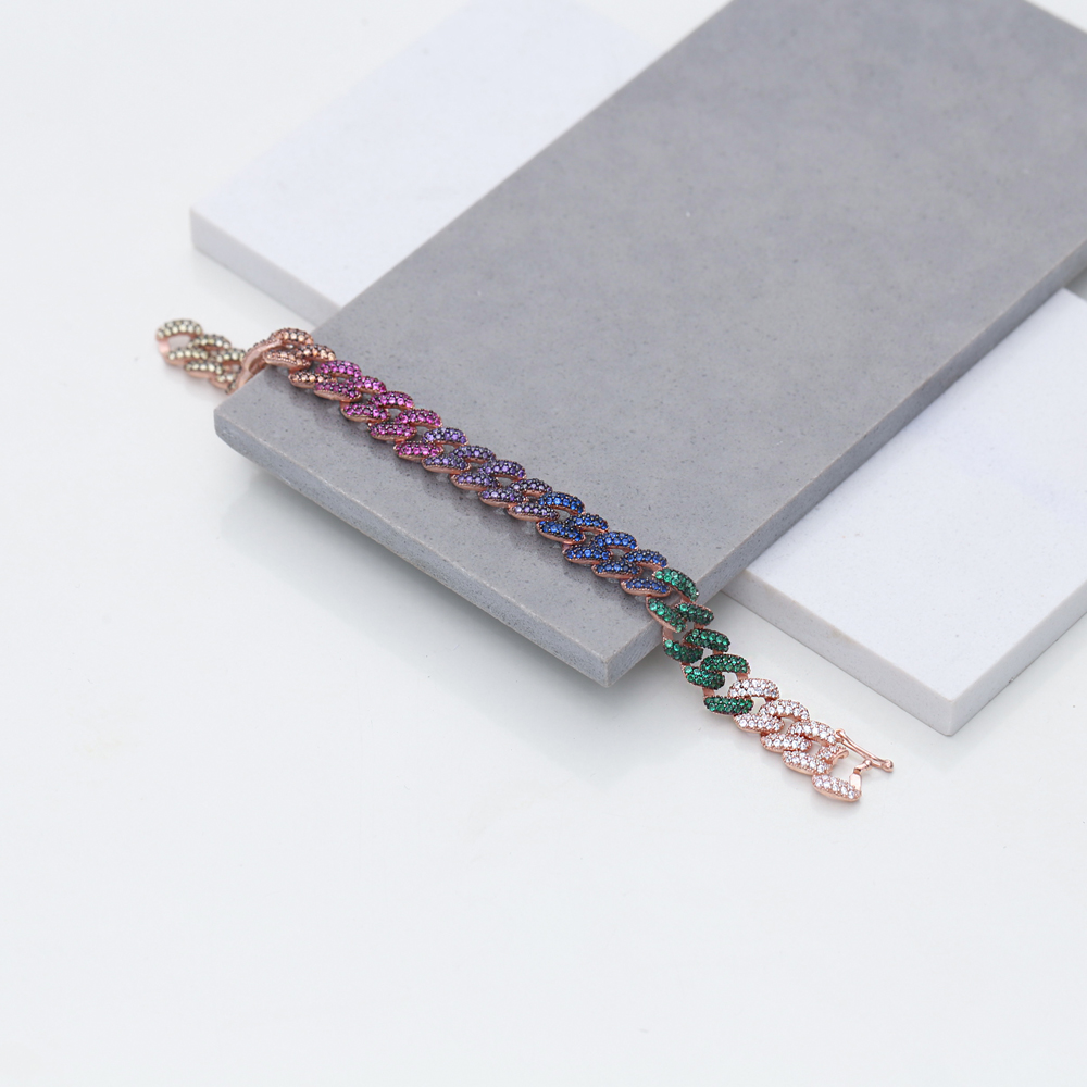 Rainbow Design Mix Stone Trendy Chain Bracelet Wholesale Turkish 925 Sterling Silver Jewelry