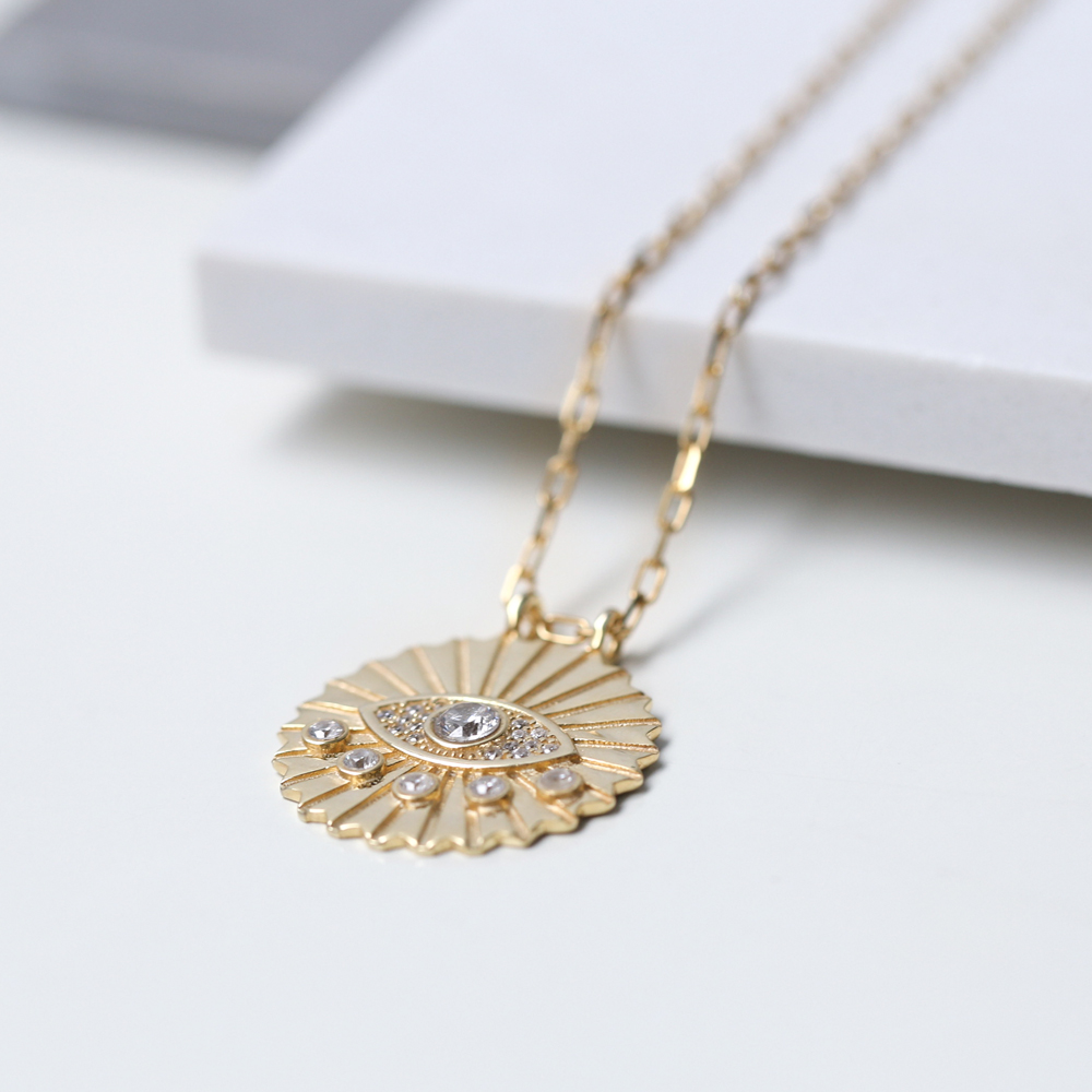 Round Evil Eye Design Zircon Charm Necklace Wholesale Turkish 925 Silver Jewelry