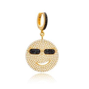 Black Zircon Smile Emoji Design Dangle Earrings Turkish Wholesale Handmade 925 Sterling Silver Jewelry
