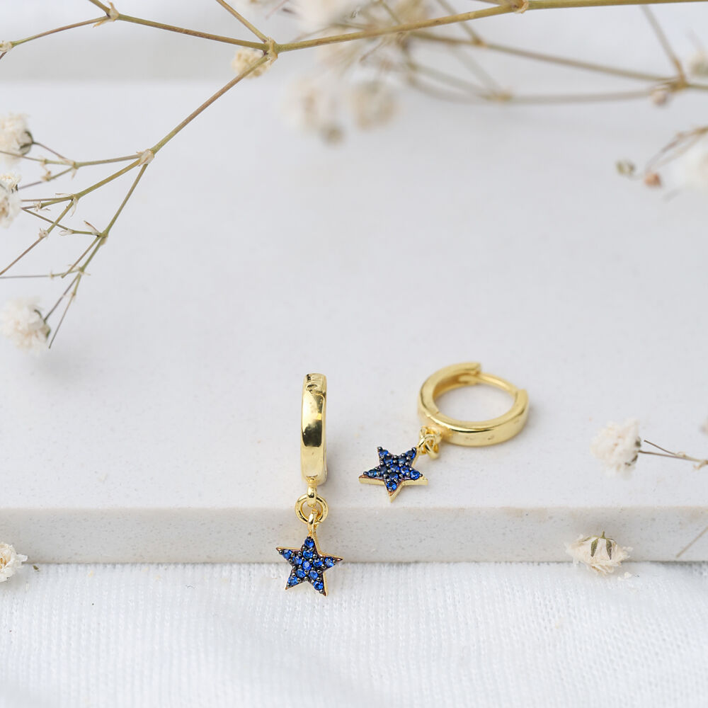 Sapphire Stone Minimalist Star Design Turkish Wholesale Handmade 925 Sterling Silver Dangle Earrings
