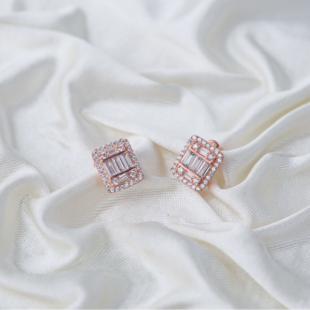 Elegant Design Baguette Stone Stud Earrings Wholesale Turkish Sterling Silver Jewelry