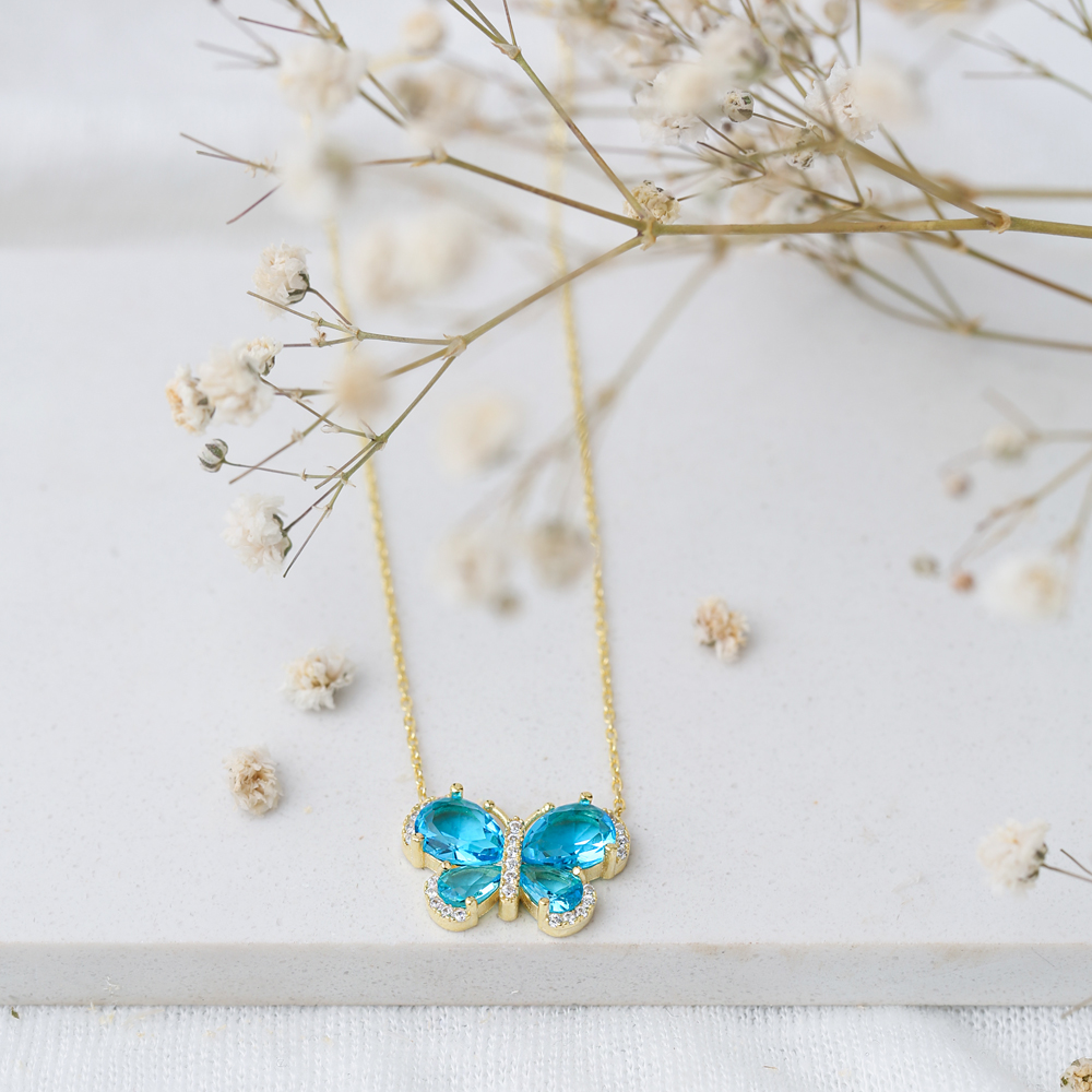 Blue Wing Butterfly Necklace In Turkish Wholesale 925 Sterling Silver Pendant