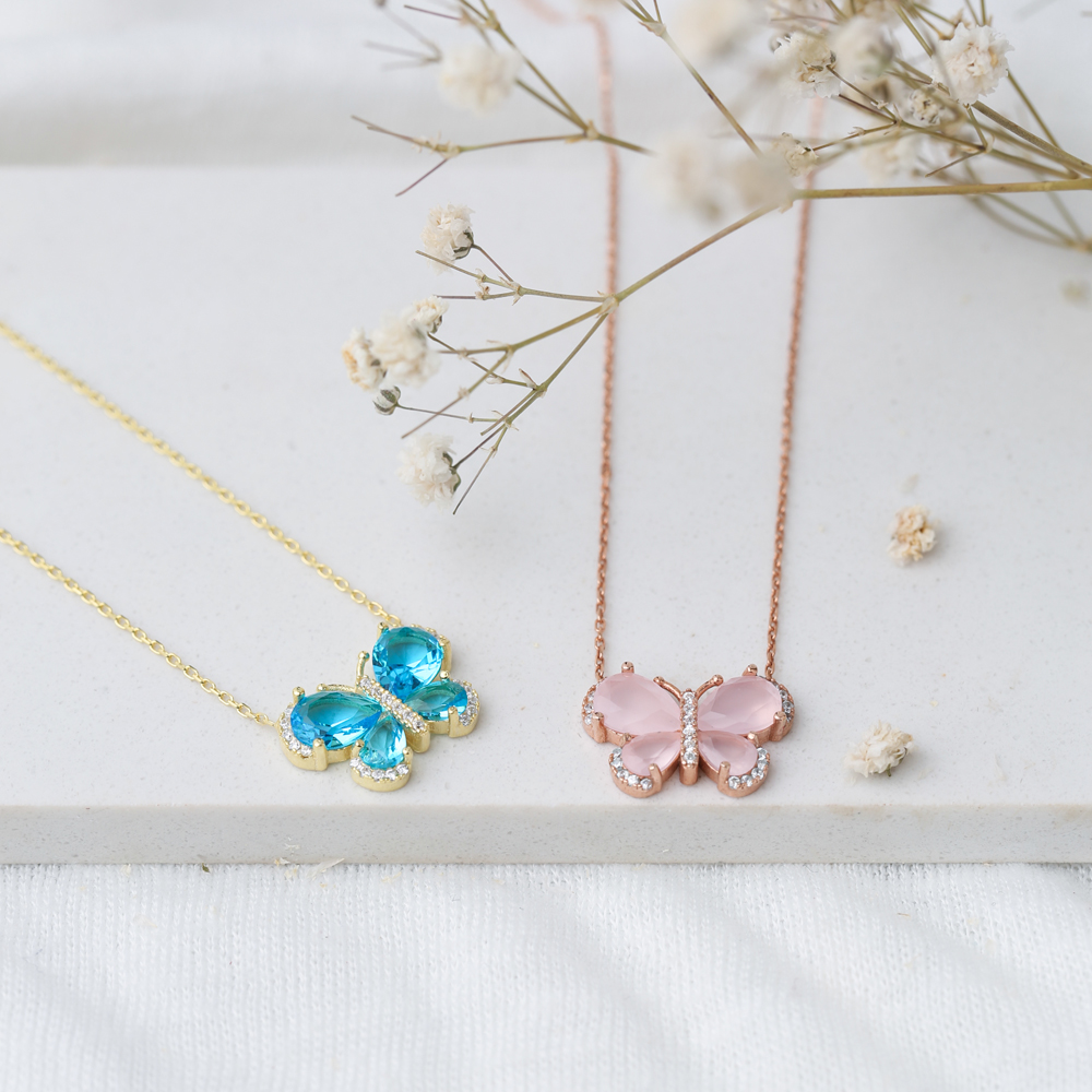 Blue Wing Butterfly Necklace In Turkish Wholesale 925 Sterling Silver Pendant