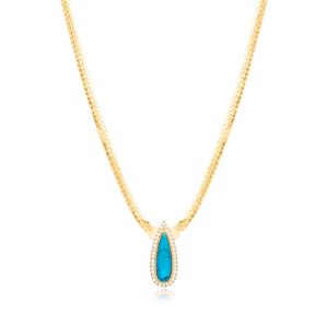 Turquoise Drop Zircon Stone Curb Chain Necklace Wholesale Turkish 925 Sterling Silver Jewelry