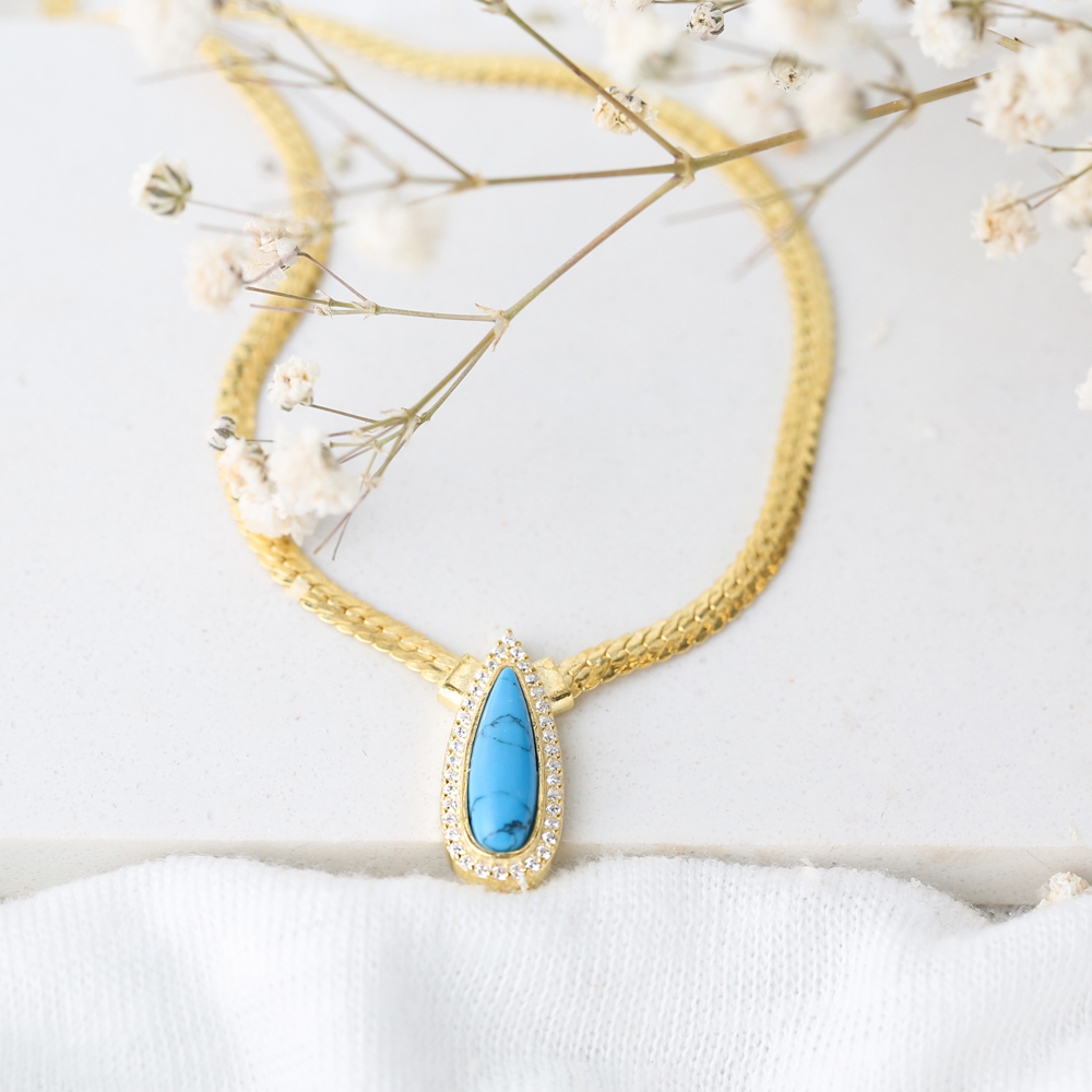 Turquoise Drop Charm Curb Chain Necklace Wholesale Turkish 925 Sterling Silver Jewelry