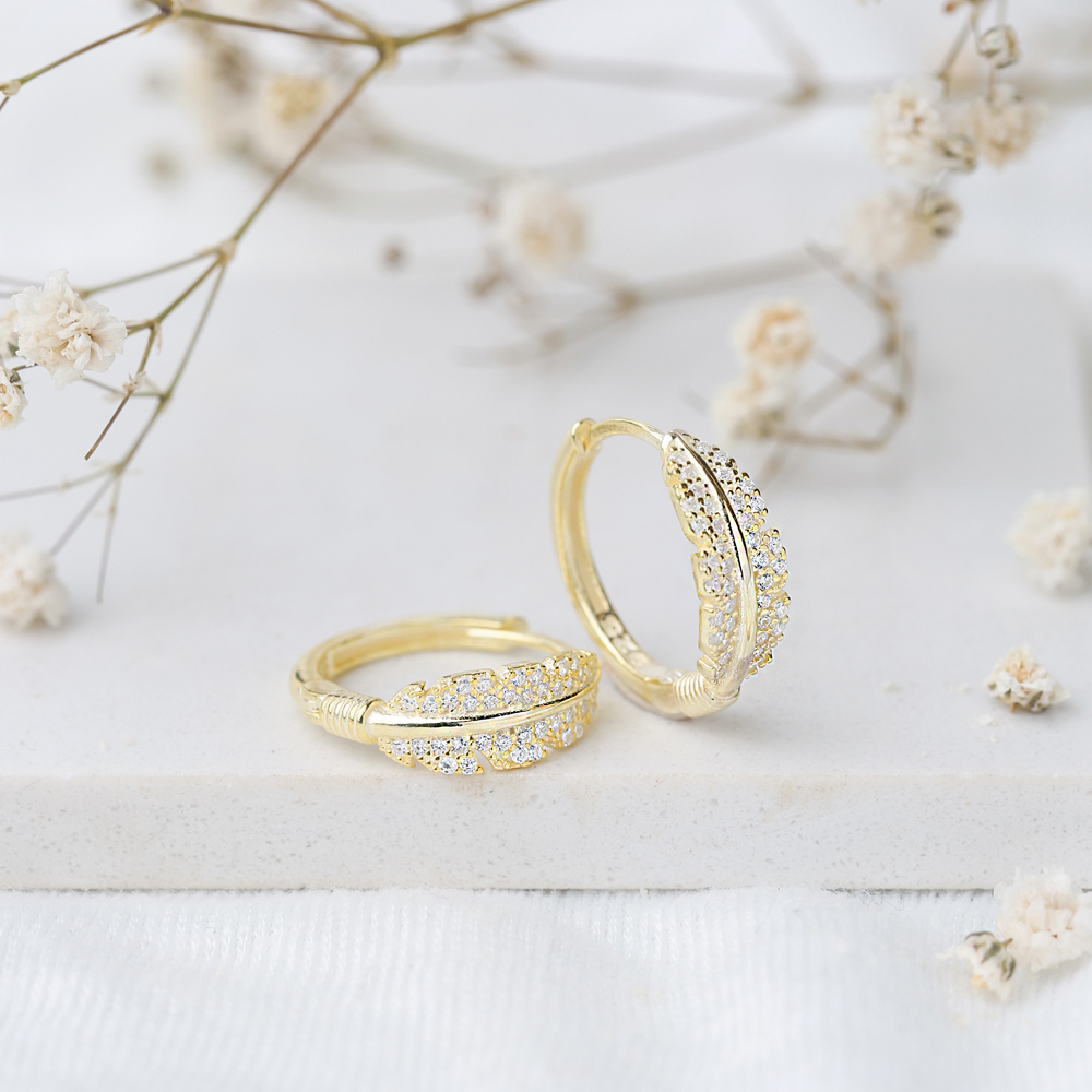 Ø19 mm Sized Leaf Design Zircon Stone Hoop Earrings Wholesale Turkish Handmade 925 Sterling Silver Jewelry