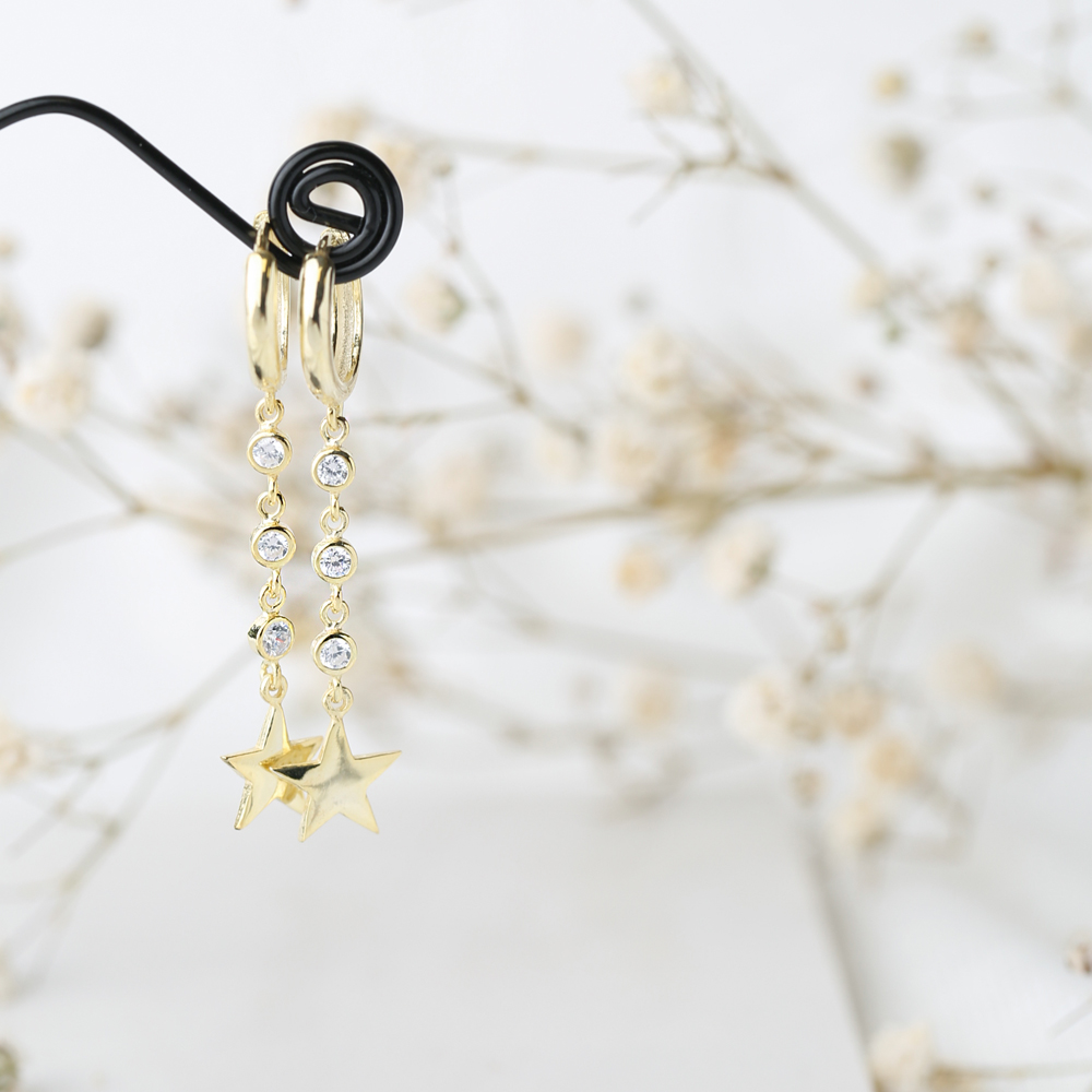 Gold Star Zircon Dangle Earring Turkish Wholesale Handmade 925 Sterling Silver Jewelry
