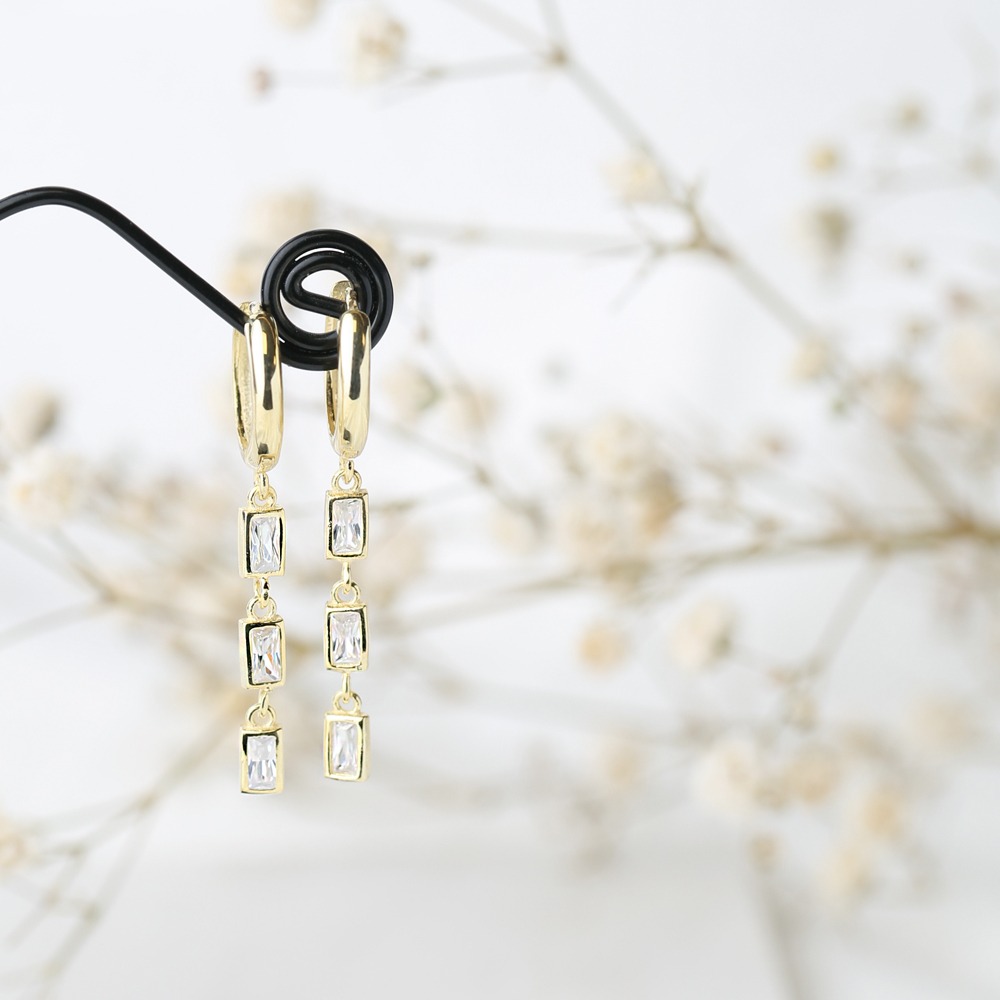 Fashionable Rectangle Zircon Dangle Earring Turkish Wholesale Handmade 925 Sterling Silver Jewelry
