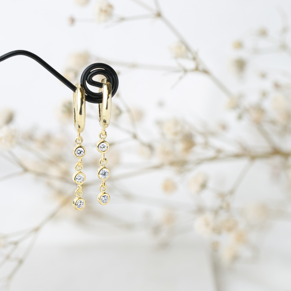 Minimalist Round Zircon Dangle Earring Turkish Wholesale Handmade 925 Sterling Silver Jewelry