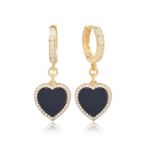 Black Onyx Heart Design Zircon Stone Dangle Earrings Turkish Wholesale Sterling Silver Jewelry