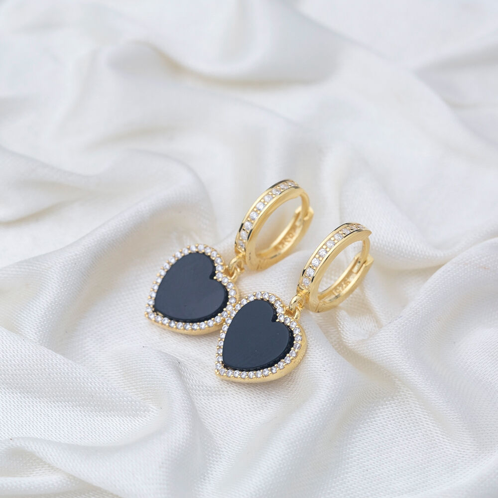 Black Onyx Heart Design Zircon Stone Dangle Earrings Turkish Wholesale Sterling Silver Jewelry
