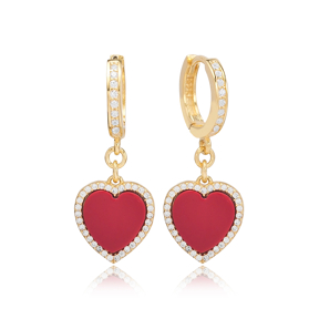 Red Stone Heart Design Zircon Stone Dangle Earrings Turkish Wholesale Sterling Silver Jewelry