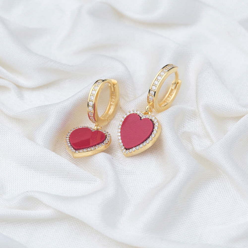 Red Stone Heart Design Zircon Stone Dangle Earrings Turkish Wholesale Sterling Silver Jewelry