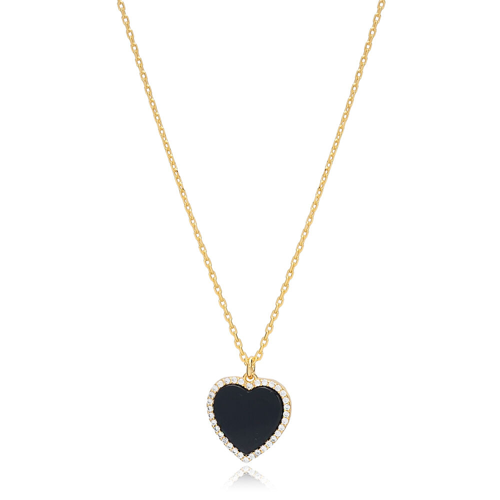 Black Onyx Heart Zircon Stone Charm Necklace Turkish Handcrafted Wholesale 925 Sterling Silver Jewelry