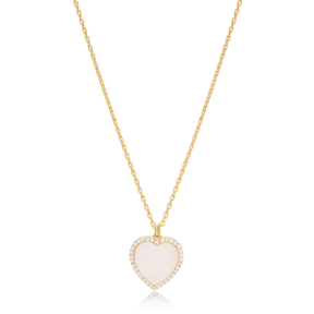 Mother Of Pearl Heart Zircon Stone Charm Necklace Wholesale Turkish 925 Sterling Silver Jewelry