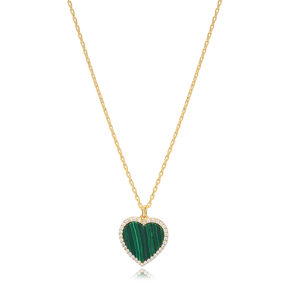 Malachite Heart Zircon Stone Charm Necklace Wholesale Turkish 925 Sterling Silver Jewelry