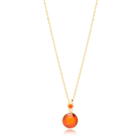 Orange Quartz Stone Charm Trendy Design Pendant Turkish Handmade 925 Sterling Silver Jewelry